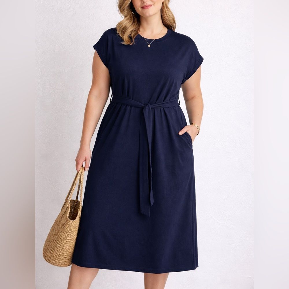 ON 34th Navy Belted Midi Dress Cotton Blend Cap Sleeve Size 1X